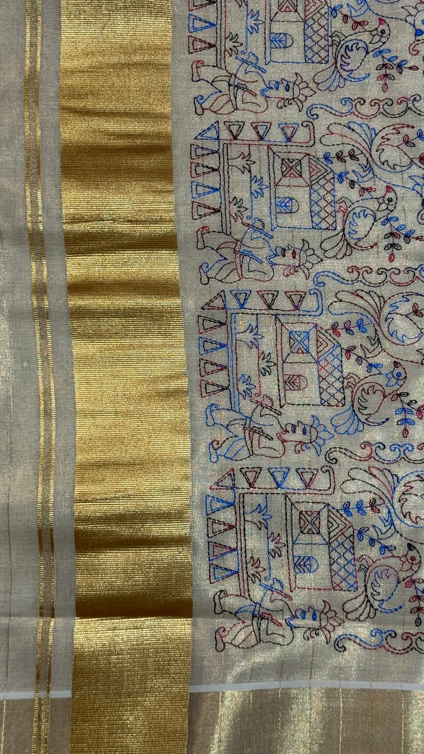 Hand Embroidered Tissue Set Saree with Gold Border