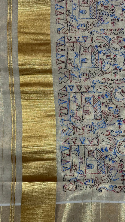 Hand Embroidered Tissue Set Saree with Gold Border