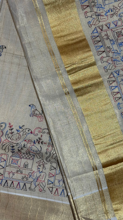 Hand Embroidered Tissue Set Saree with Gold Border