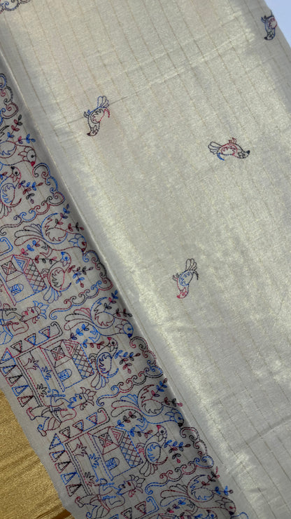 Hand Embroidered Tissue Set Saree with Gold Border