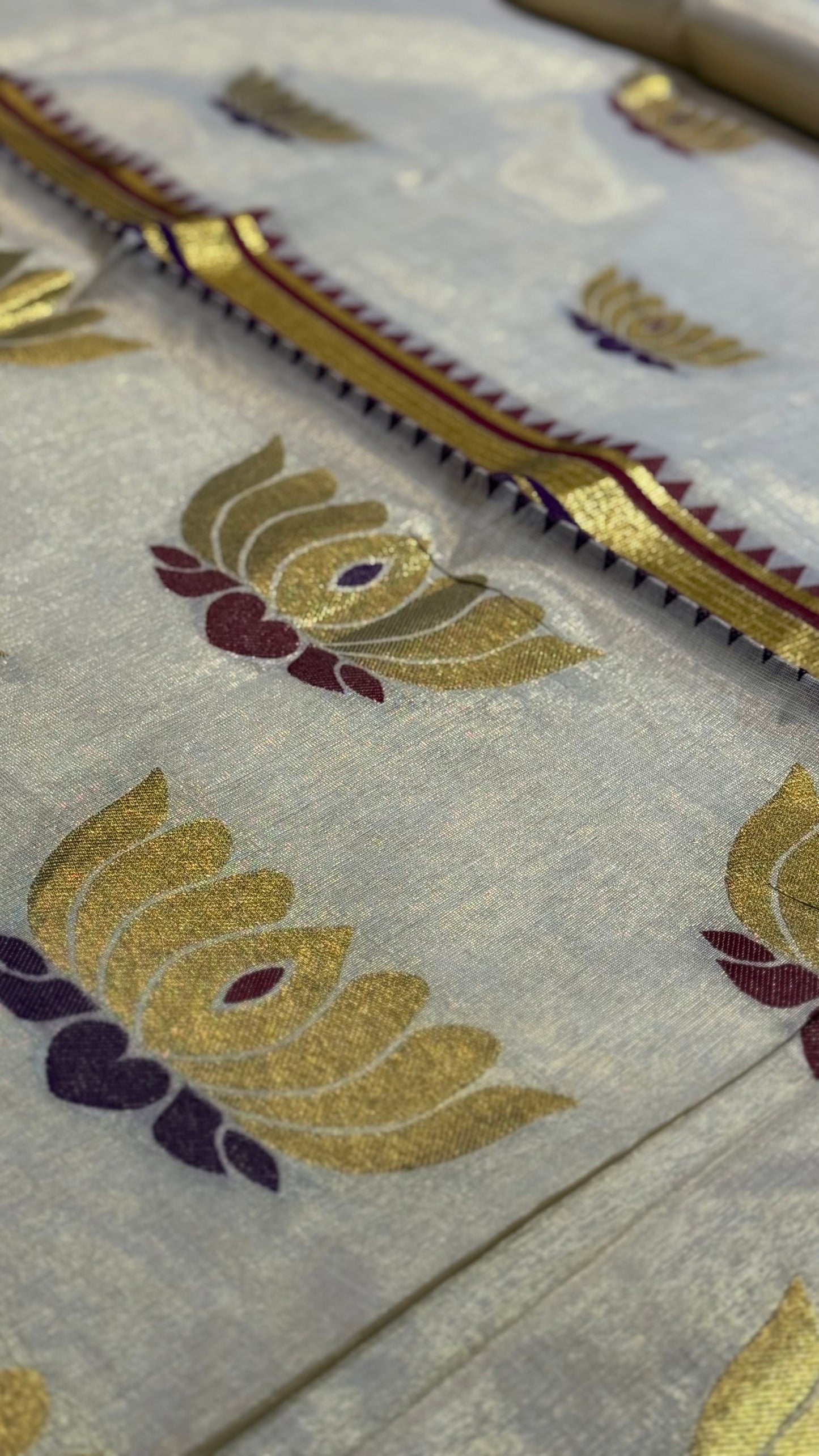 Burgundy & Gold Lotus Motif Tissue Set Saree