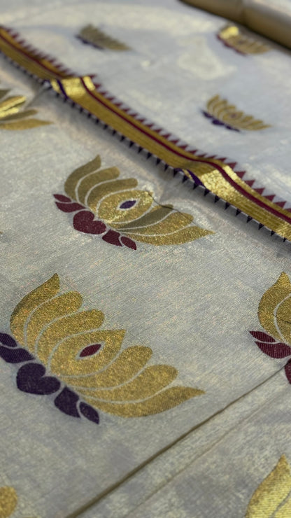 Burgundy & Gold Lotus Motif Tissue Set Saree