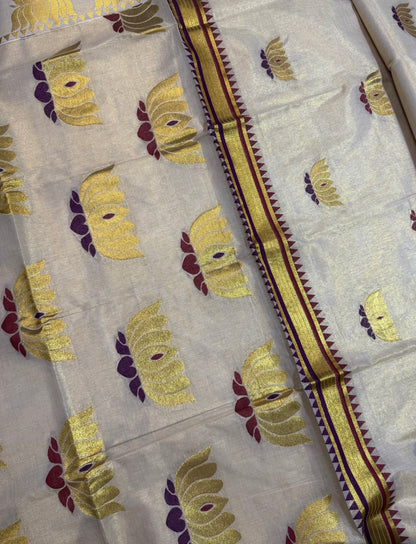 Burgundy & Gold Lotus Motif Tissue Set Saree