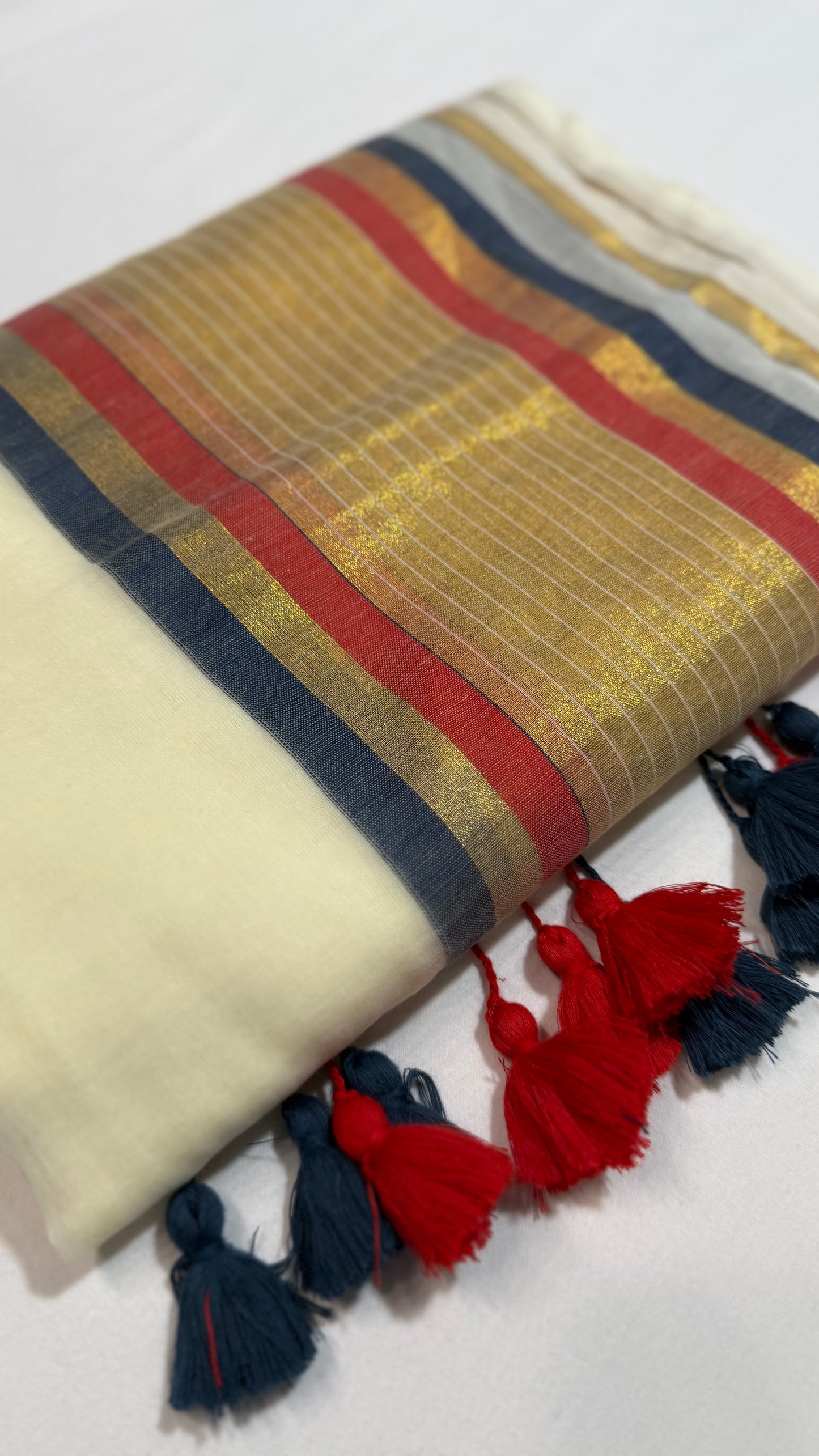 Blue, Gold & Red Stripe Mul Cotton Saree with Tassels