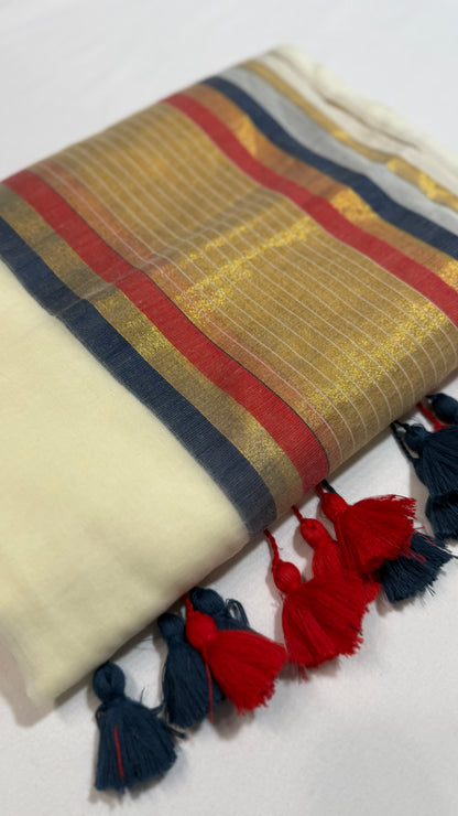 Blue, Gold & Red Stripe Mul Cotton Saree with Tassels