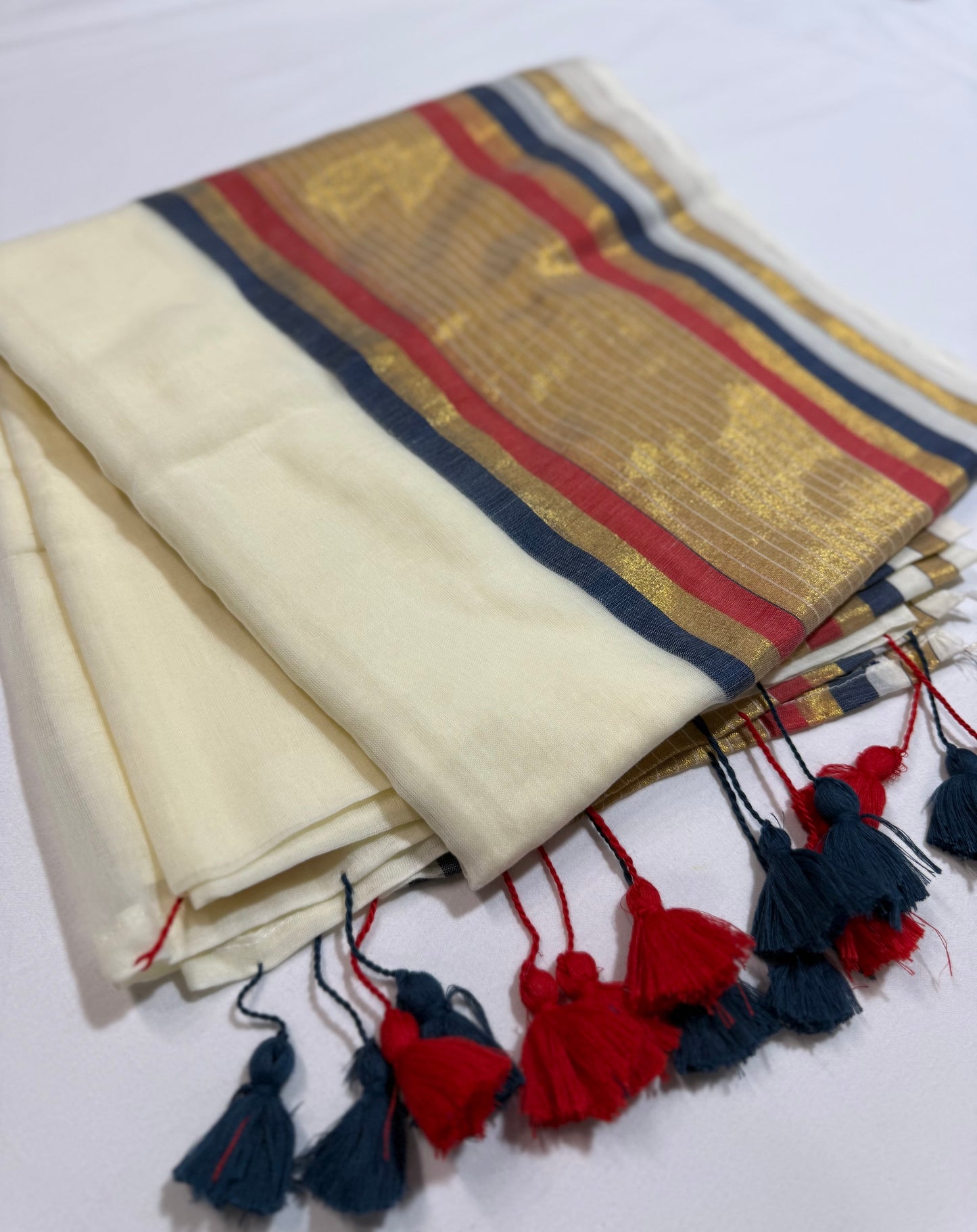 Blue, Gold & Red Stripe Mul Cotton Saree with Tassels