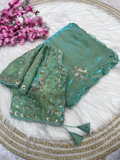 Mint Green Fendi Satin Silk Saree Set