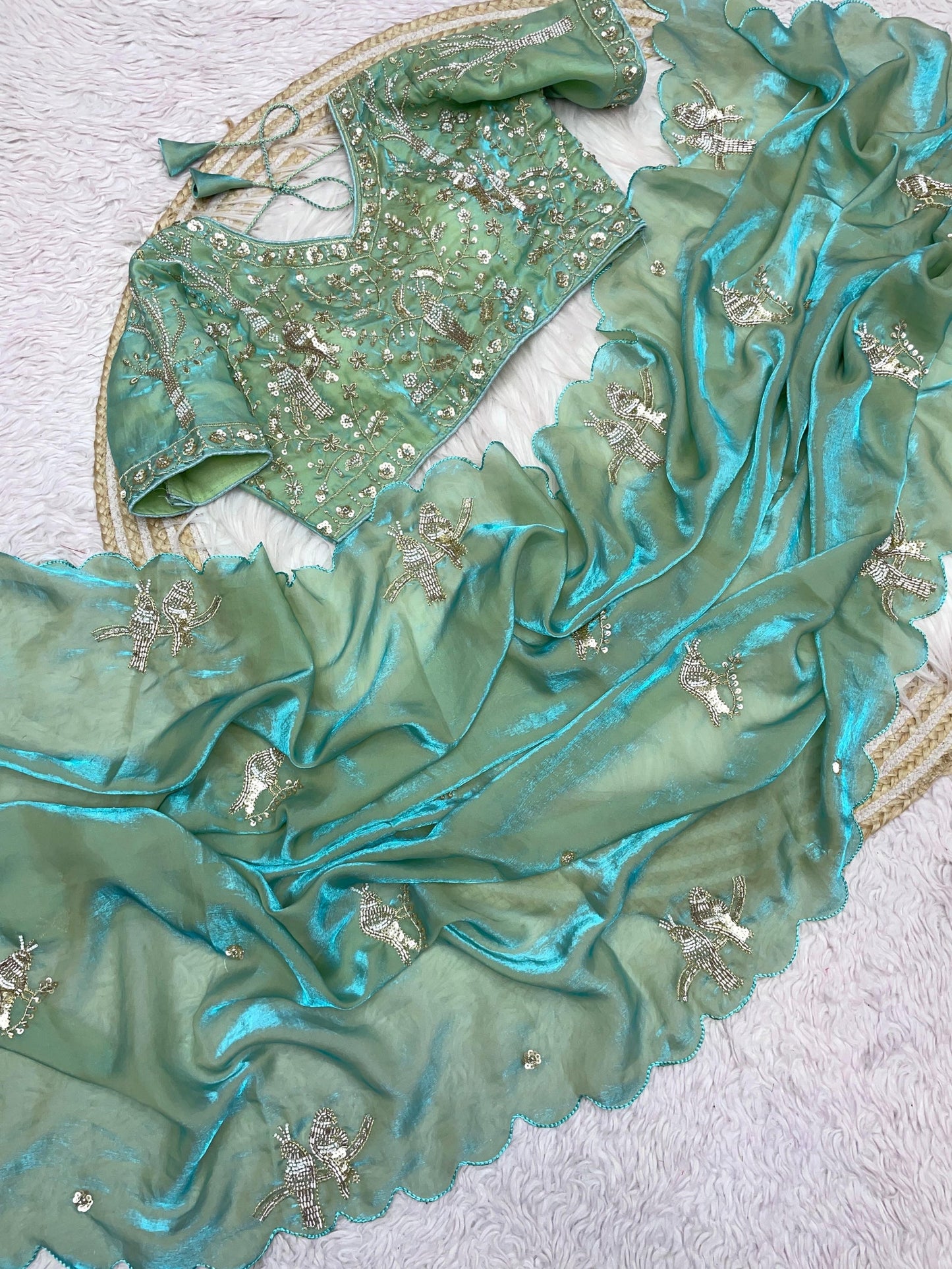 Mint Green Fendi Satin Silk Saree Set