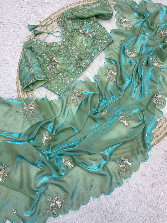 Mint Green Fendi Satin Silk Saree Set