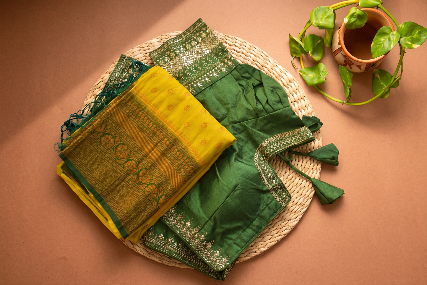 Green & Yellow Saree with Embroidered Readymade Blouse Set