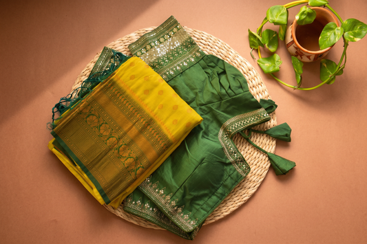 Green & Yellow Saree with Embroidered Readymade Blouse Set
