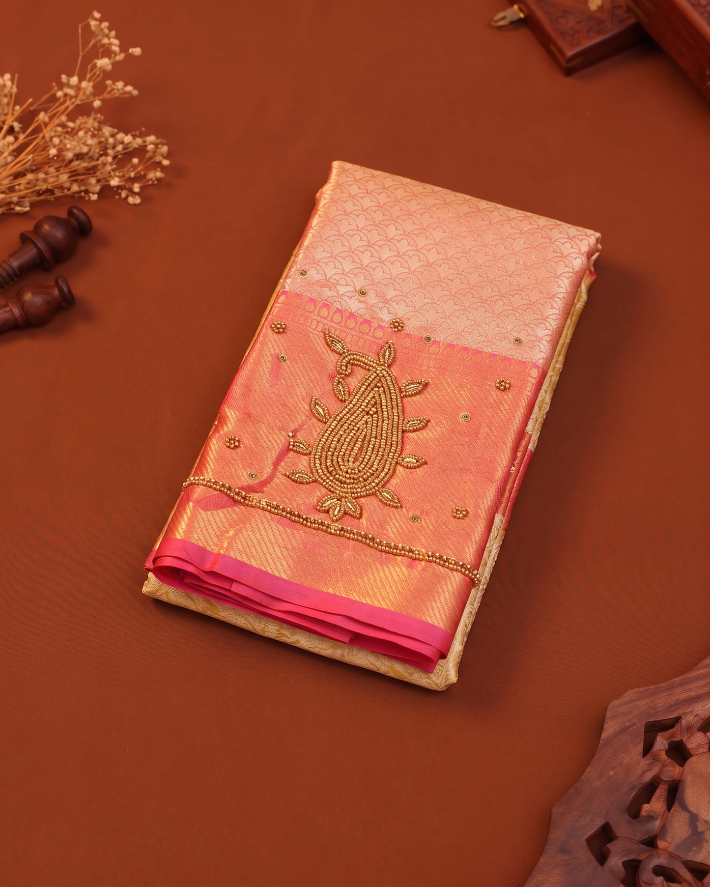 Gold Fancy Saree with Pink Handworked Statement Blouse