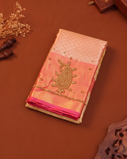 Gold Fancy Saree with Pink Handworked Statement Blouse