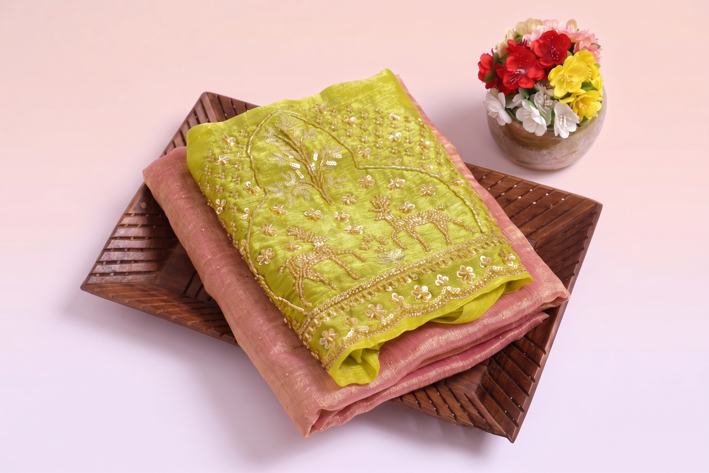 Pink Soft Space Silk Saree with Contrast Green Blouse