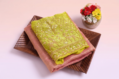 Pink Soft Space Silk Saree with Contrast Green Blouse
