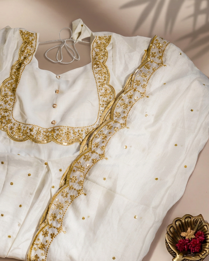 White Vichitra Silk Skirt & Cape Set (L)