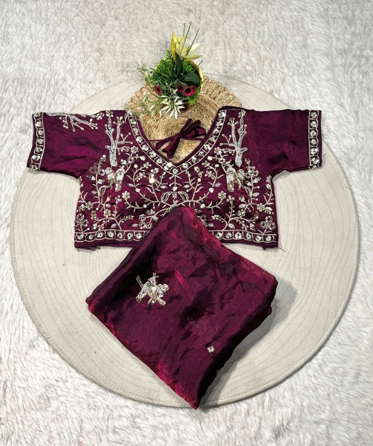 Purple Fendi Satin Silk Saree Set