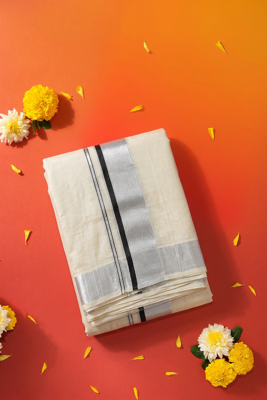 Silver & Black Stripe Tissue Onam Set Saree with Tassels