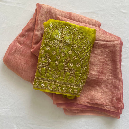 Pink Soft Space Silk Saree with Contrast Green Blouse