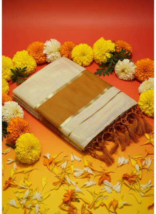 Orange & Gold Stripe Tissue Set Saree with Tassels