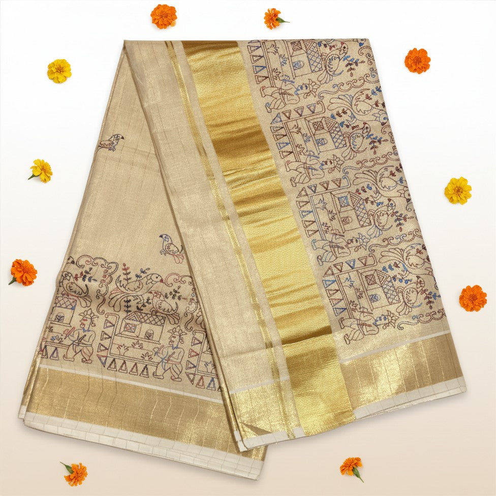 Hand Embroidered Tissue Set Saree with Gold Border