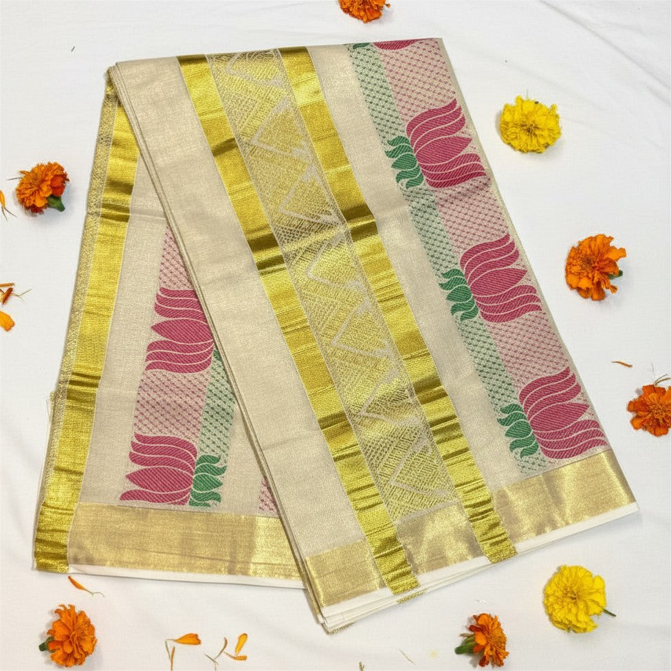 Pink Lotus Motif Tissue Set Saree with Gold Border
