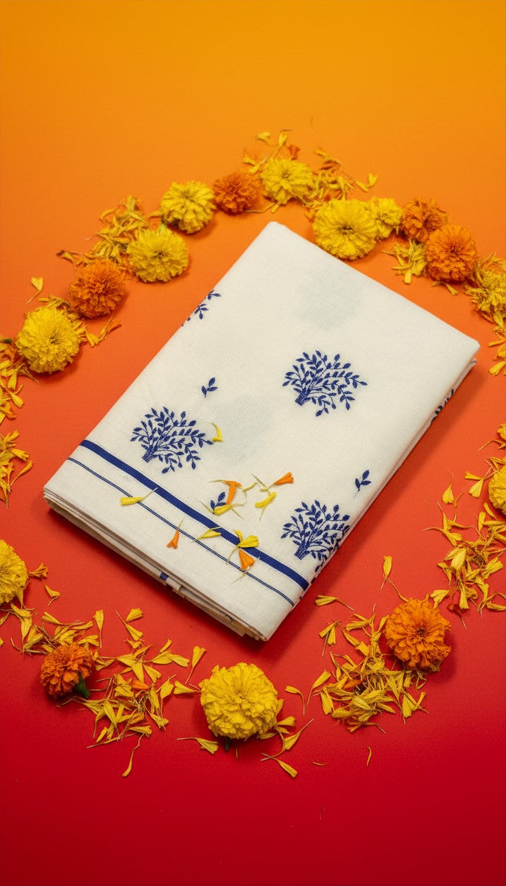 Blue Puliyilakara Saree with Hand Embroidery