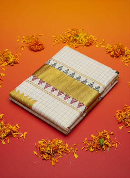Checkered Set Saree with Large Lotus Motifs
