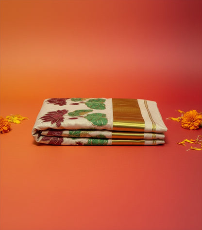 Lotus & Lotus Leaf Motif Tissue Onam Set Saree with Gold Border
