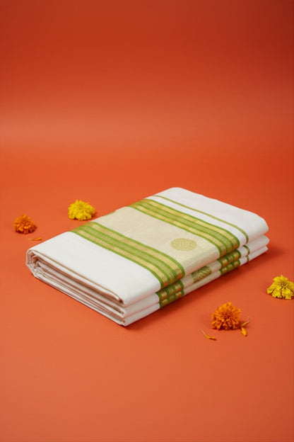 Green & Gold Stripe Cotton Onam Set Saree