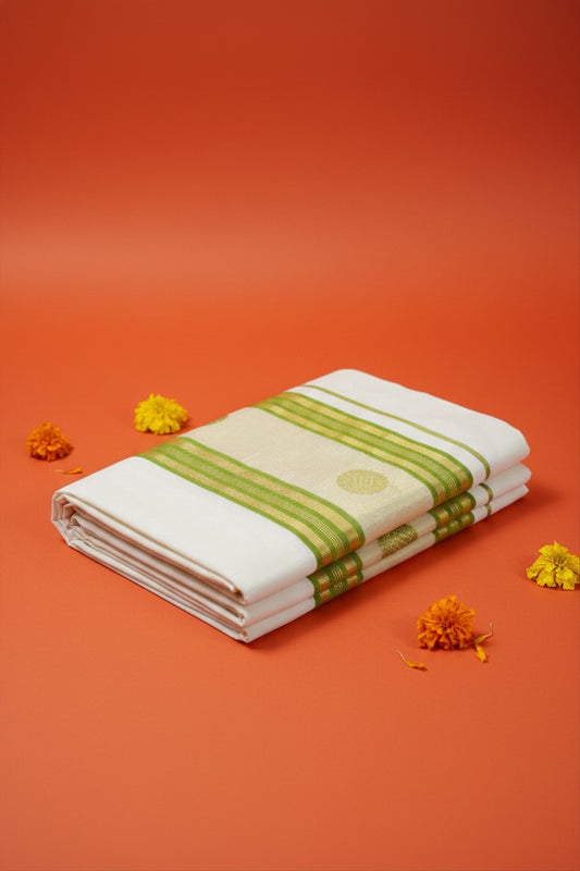 Green & Gold Stripe Cotton Onam Set Saree