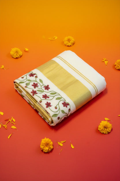 Burgundy Floral Embroidered Set Saree