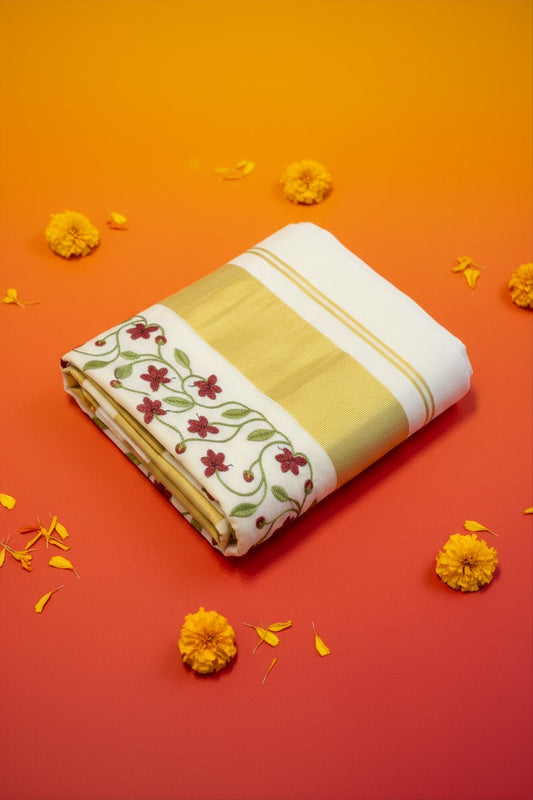 Burgundy Floral Embroidered Set Saree