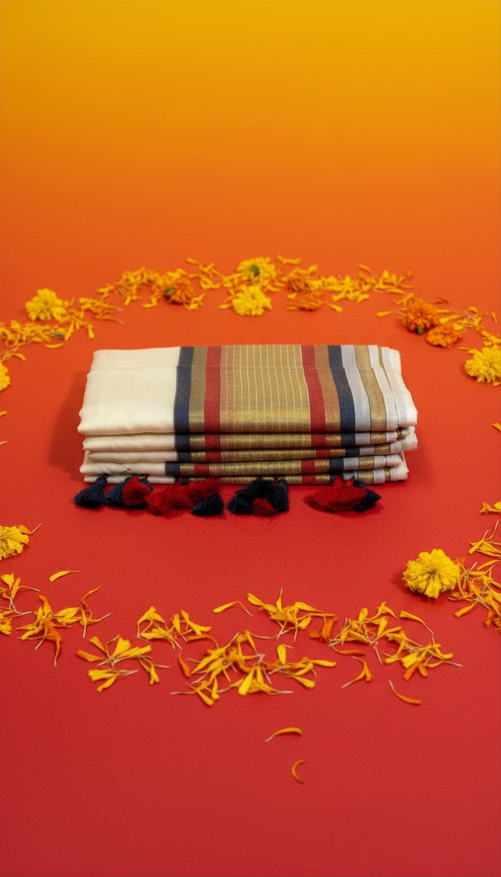 Blue, Gold & Red Stripe Mul Cotton Saree with Tassels