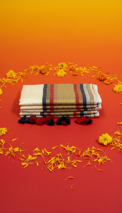 Blue, Gold & Red Stripe Mul Cotton Saree with Tassels