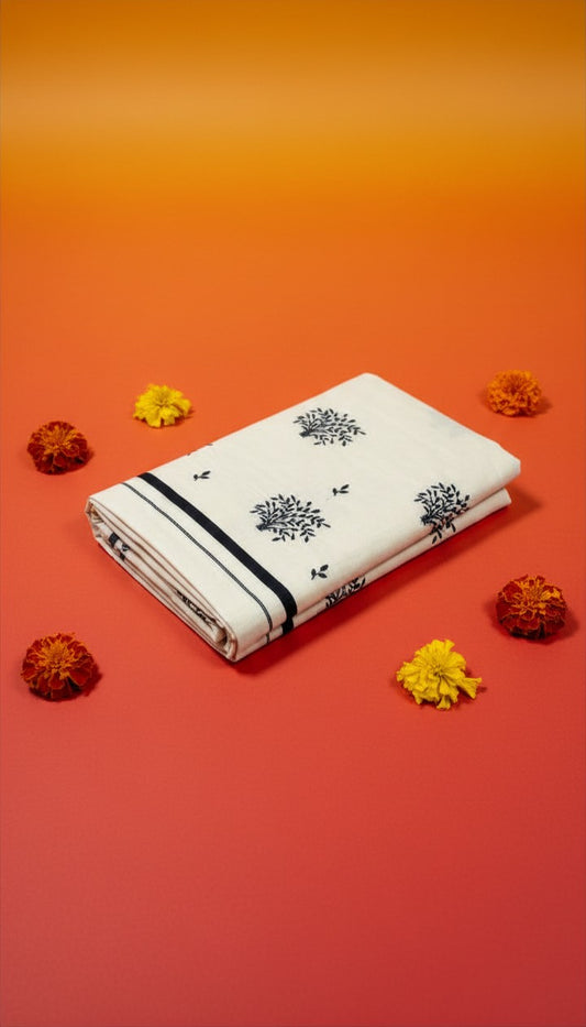 Black Puliyilakara Saree with Hand Embroidery