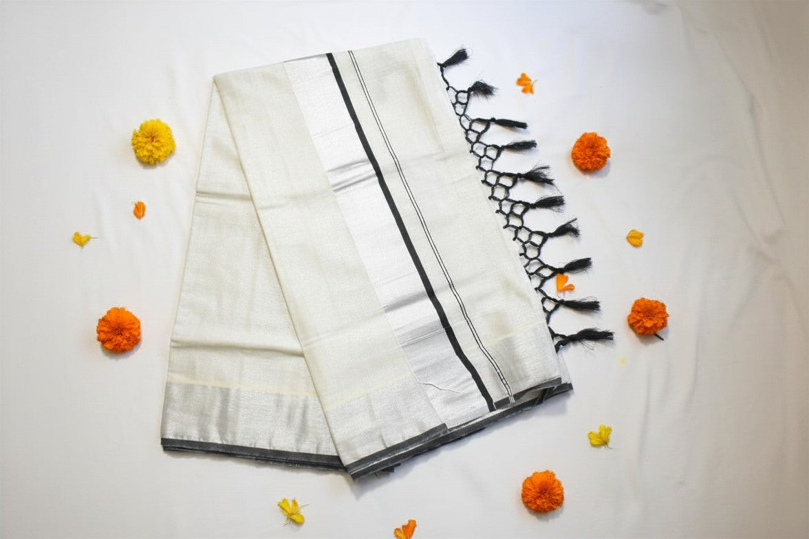 Silver & Black Stripe Tissue Onam Set Saree with Tassels