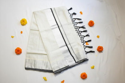 Silver & Black Stripe Tissue Onam Set Saree with Tassels