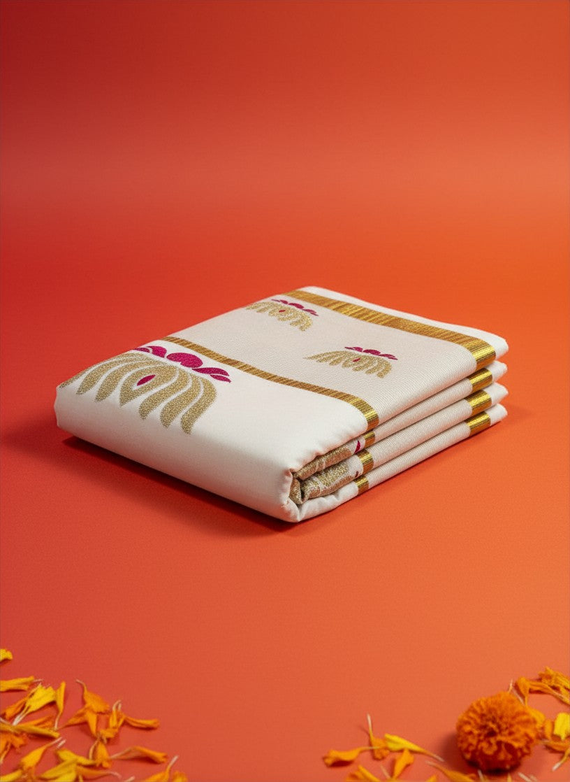 Red Lotus Cotton Set Saree with Gold Detailing