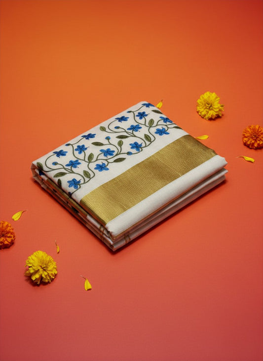Blue Floral Embroidered Set Saree