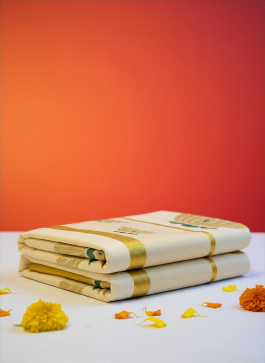 Gold Lotus Cotton Set Saree with Green Detailing