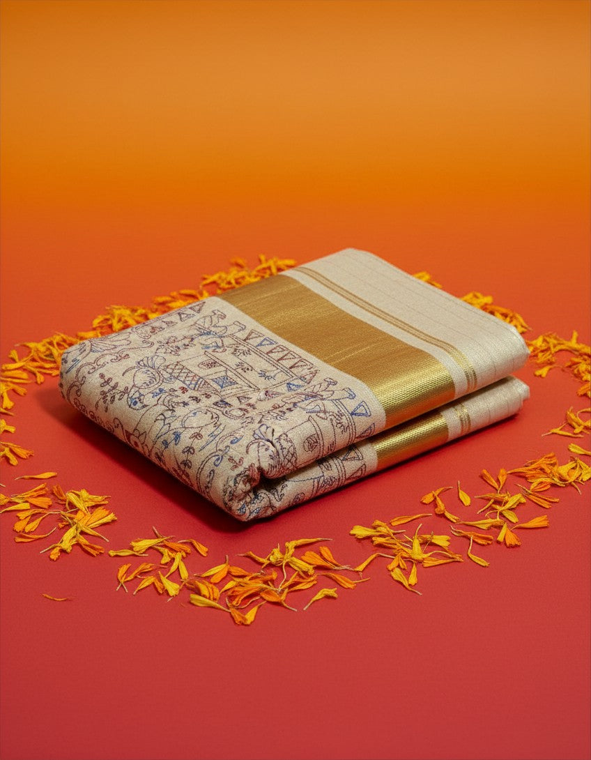 Hand Embroidered Tissue Set Saree with Gold Border