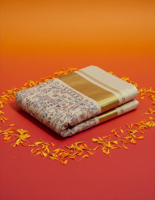 Hand Embroidered Tissue Set Saree with Gold Border