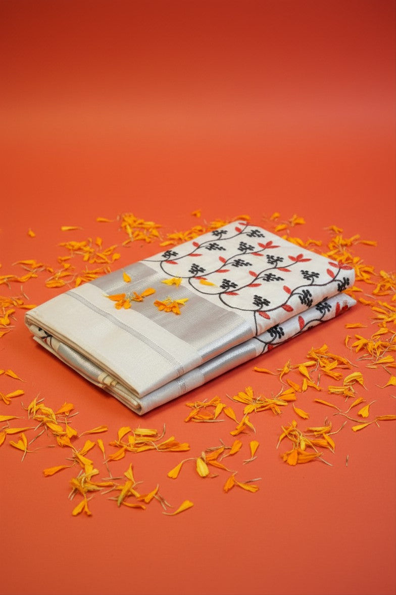 Silver Tissue Set Saree with Black & Red Floral Embroidery