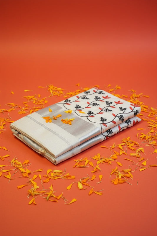 Silver Tissue Set Saree with Black & Red Floral Embroidery