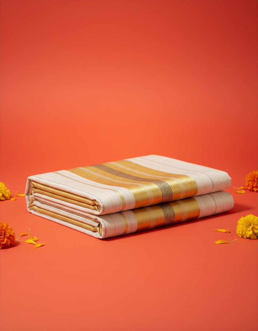 Black with Gold Stripe Onam Tissue Set Saree