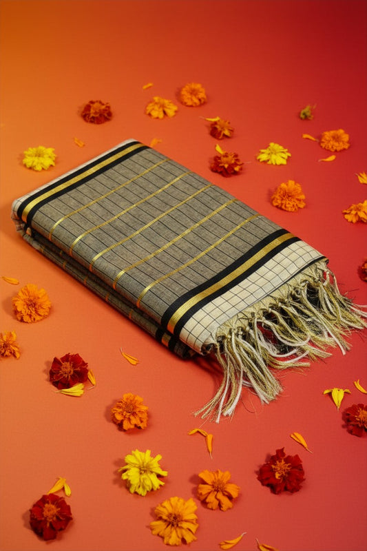 Black & Gold Tissue Set Saree with Checkered Design