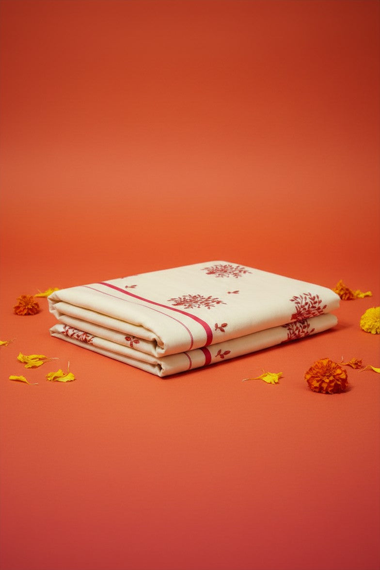 Pink Puliyilakara Set Saree with Hand Embroidery