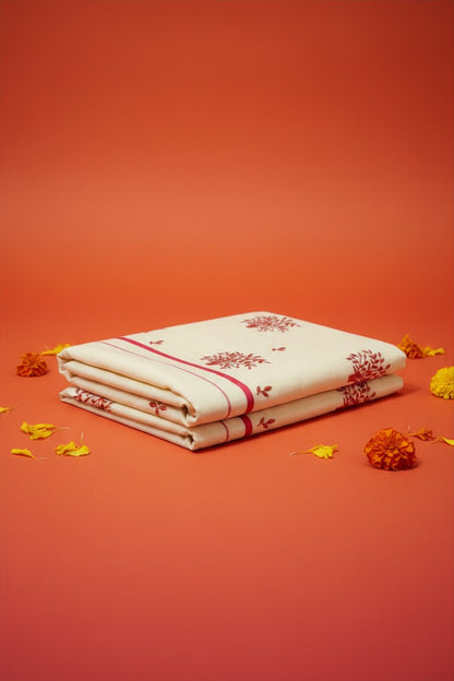 Pink Puliyilakara Set Saree with Hand Embroidery
