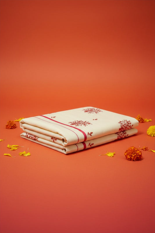 Pink Puliyilakara Set Saree with Hand Embroidery